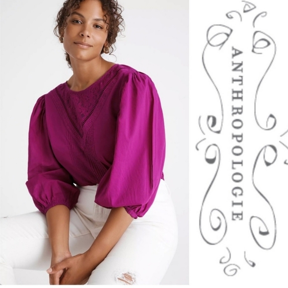 FARM Rio Tops - Farm Rio Kelsie Peasant Puff Sleeve Blouse lace neckline magenta size medium